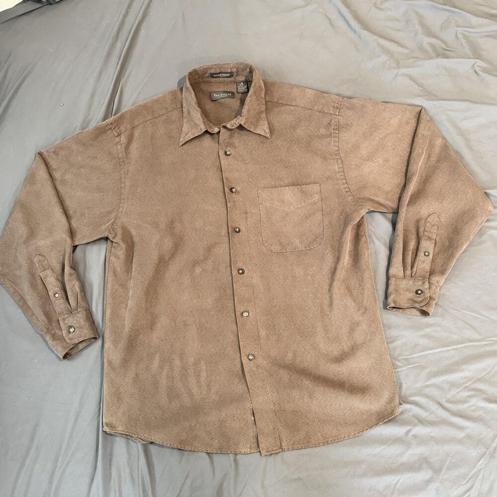 Van Heusen Shirt Mens M‎ Brown Long Sleeve Button Up Micro Suede Casual